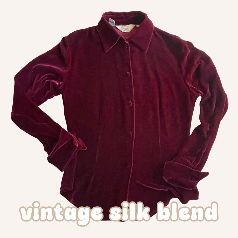 ISHYU shirt vtg 90s burgundy silk blend velvet button size 8 goth dark academia